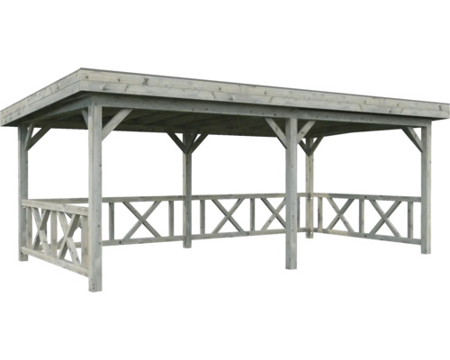 Pavillon Palmako Lenna 16,6 m² Set 307 y compris garde-corps 588 x 300 cm imprégné par immersion gris Pavillon en bois avec toit et balustrade en bois périphérique