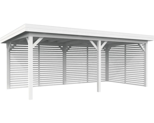Pavillon Palmako Lenna 16,6 m² Set 309 y compris parois à lamelles 588 x 300 cm blanc Abri de voiture en bois blanc avec murs à lamelles.