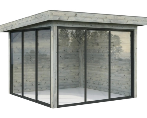 Pavillon Palmako Lenna Slide 8,3 m² Set 401 300 x 300 cm imprégné par immersion gris Abri de jardin en bois avec façade en verre