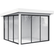 Abri de jardin avec façade en verre et toit plat