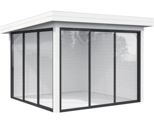 Abri de jardin avec façade en verre et toit plat