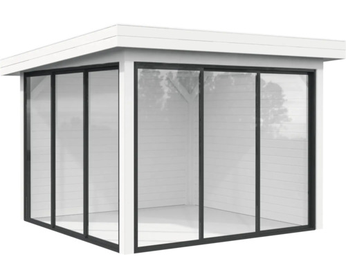 Pavillon autoportant avec portes coulissantes en verre