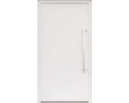 ARON HaustürBasic 3101 Aluminium-Kunststoff-Verbund RAL 9016 verkehrsweiß 1000x2000 mm einseitig flügelüberdeckend DIN Rechts inkl.Stoßgriffset,Innendrücker in Edelstahl,Profilzylinder mit 3 Schlüsseln Weisse Innentür mit Griff