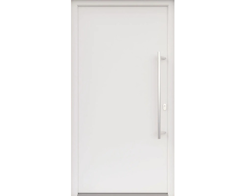 ARON HaustürBasic 3101 Aluminium-Kunststoff-Verbund RAL 9016 verkehrsweiß 1000x2100 mm einseitig flügelüberdeckend DIN Rechts inkl.Stoßgriffset,Innendrücker in Edelstahl,Profilzylinder mit 3 Schlüsseln Weiße Innentür mit Edelstahlgriff