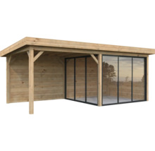 Abri de jardin avec revêtement en bois et façade en verre