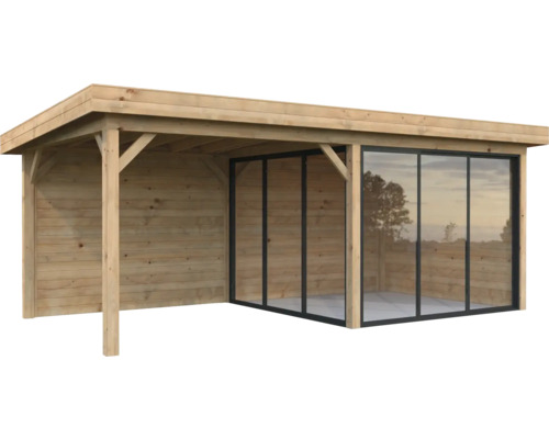 Pavillon Palmako Lenna Slide Plus 16,6 m² Set 705 588 x 300 cm imprégné par immersion marron Abri de jardin avec revêtement en bois et façade en verre