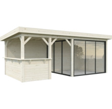 Abri de jardin avec revêtement en bois et fenêtres coulissantes