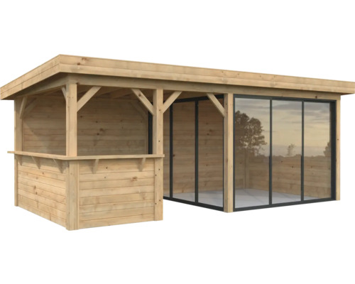 Pavillon Palmako Lenna Slide 16,6 m² Set 407 588 x 300 cm imprégné par immersion marron Pavillon de jardin en bois avec bar et parois coulissantes en verre