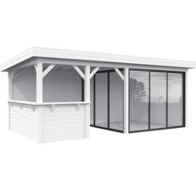 Weißer Holzpavillon mit Glasschiebetüren