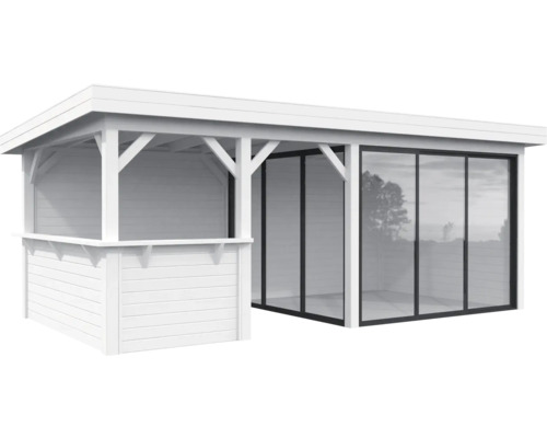Weißer Holzpavillon mit Glasschiebetüren