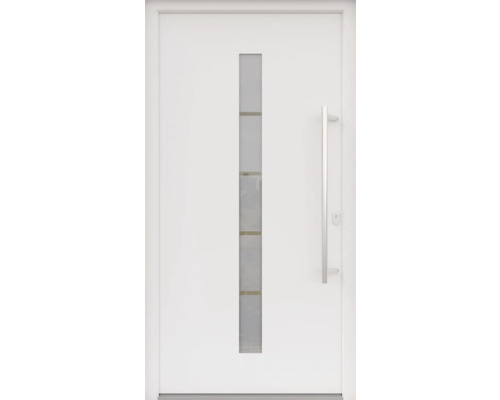 ARON HaustürBasic 3111 Aluminium-Kunststoff-Verbund RAL 9016 verkehrsweiß 1000x2000 mm einseitig flügelüberdeckend DIN Rechts inkl.Stoßgriffset,Innendrücker in Edelstahl,Profilzylinder mit 3 Schlüsseln Weisse Haustür mit Glasausschnitt und Griff