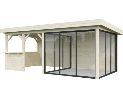 Holzgartenhaus mit Glasschiebetüren