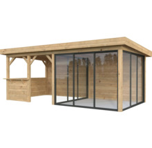 Abri de jardin en bois avec portes coulissantes en verre et bar