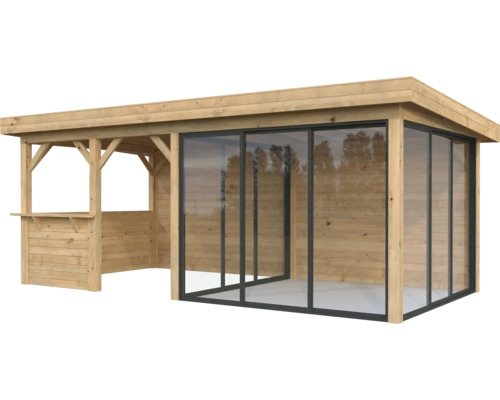 Pavillon Palmako Lenna Slide 16,6 m² Set 408 588 x 300 cm imprégné par immersion marron Abri de jardin en bois avec portes coulissantes en verre et bar