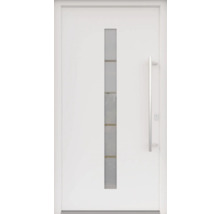 Porte d''entrée blanche avec insert en verre et poignée en acier inoxydable