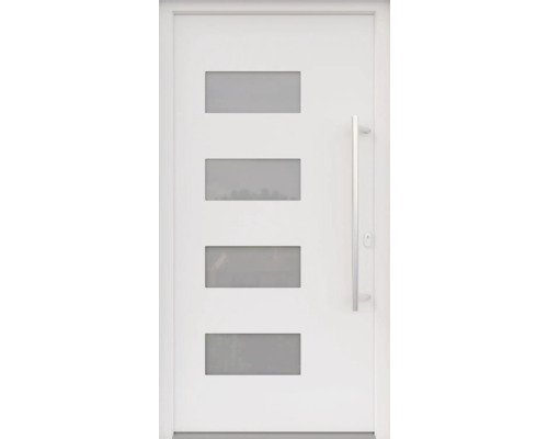 ARON HaustürBasic 3121 Aluminium-Kunststoff-Verbund RAL 9016 verkehrsweiß 1000x2000 mm einseitig flügelüberdeckend DIN Rechts inkl.Stoßgriffset,Innendrücker in Edelstahl,Profilzylinder mit 3 Schlüsseln Weiße Haustür mit vier rechteckigen Glaseinsätzen und silberfarbenem Türgriff