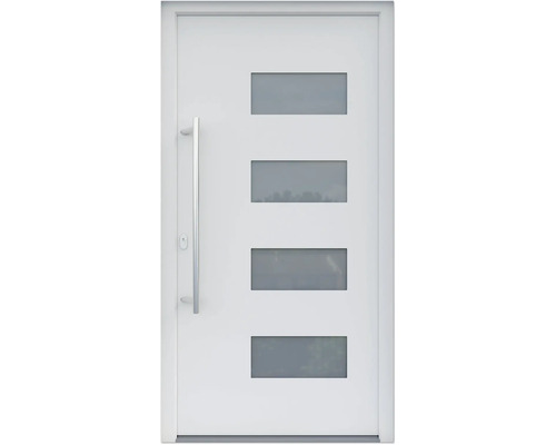 ARON HaustürBasic 3121 Aluminium-Kunststoff-Verbund RAL 9016 verkehrsweiß 1000x2000 mm einseitig flügelüberdeckend DIN Links inkl.Stoßgriffset,Innendrücker in Edelstahl,Profilzylinder mit 3 Schlüsseln Weiße Haustür mit vier rechteckigen Glaseinsätzen und einem langen, senkrechten Türgriff.