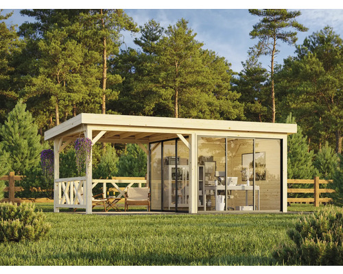 Holzgartenhaus mit Terrasse und Glasfront im Garten