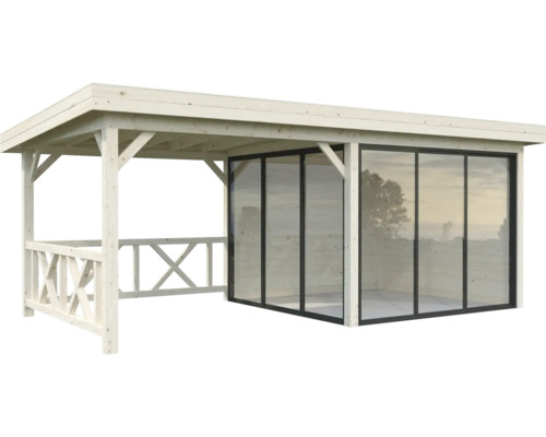 Holzpavillon mit Glaswänden für den Garten