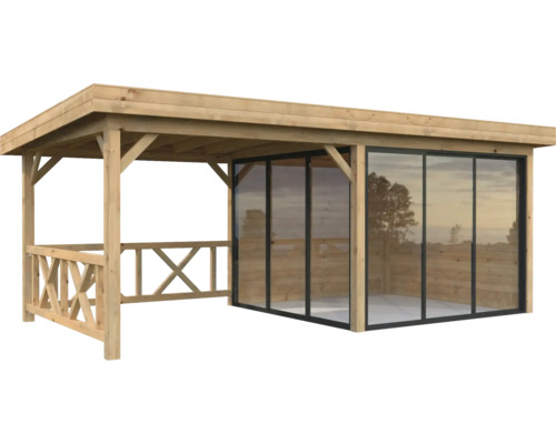 Pavillon en bois avec des parois en verre.