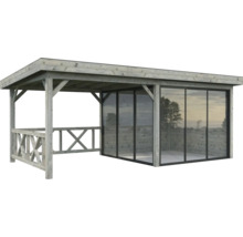 Pavillon couvert avec murs en verre