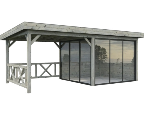 Pavillon Palmako Lenna Slide 16,6 m² Set 403 y compris garde-corps 588 x 300 cm imprégné par immersion gris Pavillon couvert avec murs en verre