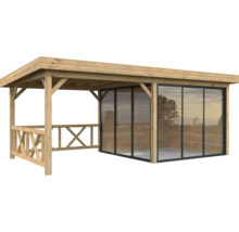 Holzpavillon mit Schiebetüren und Geländer
