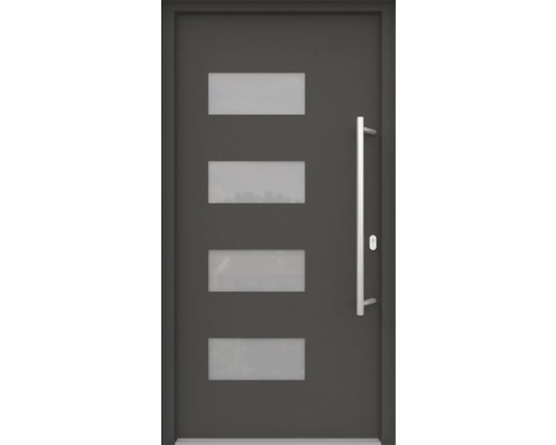 ARON HaustürBasic 3121 Aluminium-Kunststoff-Verbund RAL 7016 anthrazitgrau 1100x2100 mm einseitig flügelüberdeckend DIN Rechts inkl.Stoßgriffset,Innendrücker in Edelstahl,Profilzylinder mit 3 Schlüsseln Moderne Haustür mit vier rechteckigen Glaseinsätzen und Edelstahlgriff
