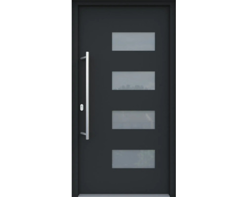 ARON HaustürBasic 3121 Aluminium-Kunststoff-Verbund RAL 7016 anthrazitgrau 1100x2100 mm einseitig flügelüberdeckend DIN Links inkl.Stoßgriffset,Innendrücker in Edelstahl,Profilzylinder mit 3 Schlüsseln Moderne Haustür mit vier rechteckigen Glaseinsätzen und Edelstahlgriff