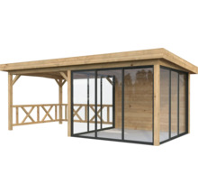 Pavillon en bois avec portes coulissantes en verre et garde-corps latéral