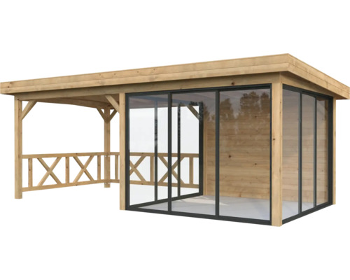 Pavillon Palmako Lenna Slide 16,6 m² Set 404 588 x 300 cm imprégné par immersion marron Pavillon en bois avec portes coulissantes en verre et garde-corps latéral