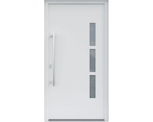 ARON HaustürBasic 3131 Aluminium-Kunststoff-Verbund RAL 9016 verkehrsweiß 1000x2000 mm einseitig flügelüberdeckend DIN Links inkl.Stoßgriffset,Innendrücker in Edelstahl,Profilzylinder mit 3 Schlüsseln Weiße Haustür mit Glaseinsätzen und Edelstahlgriff