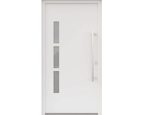 ARON HaustürBasic 3131 Aluminium-Kunststoff-Verbund RAL 9016 verkehrsweiß 1000x2100 mm einseitig flügelüberdeckend DIN Rechts inkl.Stoßgriffset,Innendrücker in Edelstahl,Profilzylinder mit 3 Schlüsseln Weiße Haustür mit drei vertikalen Glaseinsätzen und einem vertikalen Türgriff