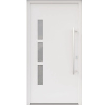 ARON HaustürBasic 3131 Aluminium-Kunststoff-Verbund RAL 9016 verkehrsweiß 1100x2100 mm einseitig flügelüberdeckend DIN Rechts inkl.Stoßgriffset,Innendrücker in Edelstahl,Profilzylinder mit 3 Schlüsseln