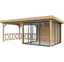 Holzpavillon mit Glasschiebetüren und Geländer