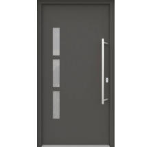 Graue Haustür mit drei rechteckigen Glaseinsätzen und einem Griff aus Metall.