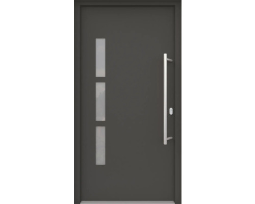 ARON HaustürBasic 3131 Aluminium-Kunststoff-Verbund RAL 7016 anthrazitgrau 1100x2100 mm einseitig flügelüberdeckend DIN Rechts inkl.Stoßgriffset,Innendrücker in Edelstahl,Profilzylinder mit 3 Schlüsseln Haustür mit drei Lichtausschnitten und Stangengriff