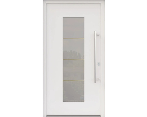 ARON HaustürARON 3141 Aluminium-Kunststoff-Verbund RAL 9016 verkehrsweiß 1000x2000 mm einseitig flügelüberdeckend DIN Rechts inkl.Stoßgriffset,Innendrücker in Edelstahl,Profilzylinder mit 3 Schlüsseln Weisse Haustür mit Glaseinsatz und Griff