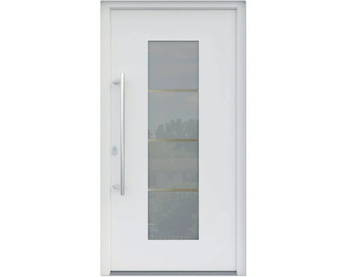 ARON HaustürARON 3141 Aluminium-Kunststoff-Verbund RAL 9016 verkehrsweiß 1000x2000 mm einseitig flügelüberdeckend DIN Links inkl.Stoßgriffset,Innendrücker in Edelstahl,Profilzylinder mit 3 Schlüsseln Weißes Haustür mit Glaseinsatz und Edelstahlgriff