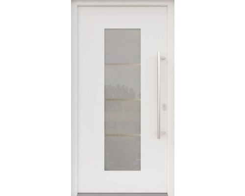 ARON HaustürARON 3141 Aluminium-Kunststoff-Verbund RAL 9016 verkehrsweiß 1000x2100 mm einseitig flügelüberdeckend DIN Rechts inkl.Stoßgriffset,Innendrücker in Edelstahl,Profilzylinder mit 3 Schlüsseln Weiße Haustür mit Glaseinsatz und Griff