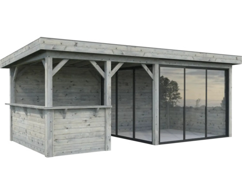 Pavillon Palmako Lenna Slide Plus 16,6 m² Set 707 588 x 300 cm imprégné par immersion gris Abri de jardin en bois avec portes coulissantes en verre