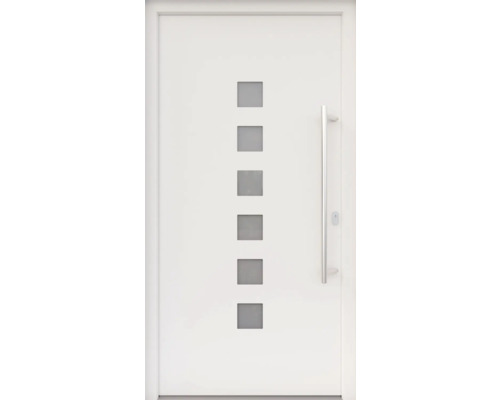 ARON HaustürARON 3151 Aluminium-Kunststoff-Verbund RAL 9016 verkehrsweiß 1100x2100 mm einseitig flügelüberdeckend DIN Rechts inkl.Stoßgriffset,Innendrücker in Edelstahl,Profilzylinder mit 3 Schlüsseln Weiße Haustür mit sechs quadratischen Fenstern und Griff