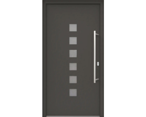 ARON HaustürARON 3151 Aluminium-Kunststoff-Verbund RAL 7016 anthrazitgrau 1000x2100 mm einseitig flügelüberdeckend DIN Rechts inkl.Stoßgriffset,Innendrücker in Edelstahl,Profilzylinder mit 3 Schlüsseln Graue Haustür mit sechs quadratischen Glaseinsätzen und einem Stangengriff