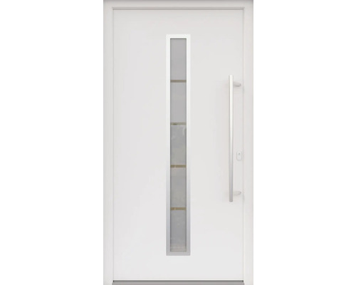 ARON HaustürARON 3161 Aluminium-Kunststoff-Verbund RAL 9016 verkehrsweiß 1000x2000 mm einseitig flügelüberdeckend DIN Rechts inkl.Stoßgriffset,Innendrücker in Edelstahl,Profilzylinder mit 3 Schlüsseln Weisse Haustür mit Glaseinsatz und Edelstahlgriff