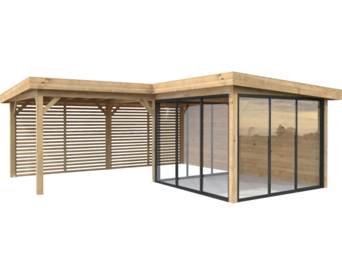 Pavillon Palmako Lenna Slide 24,9 m² Set 411 588 x 588 cm imprégné par immersion marron Pavillon en bois avec paroi coulissante en verre et paroi à lamelles