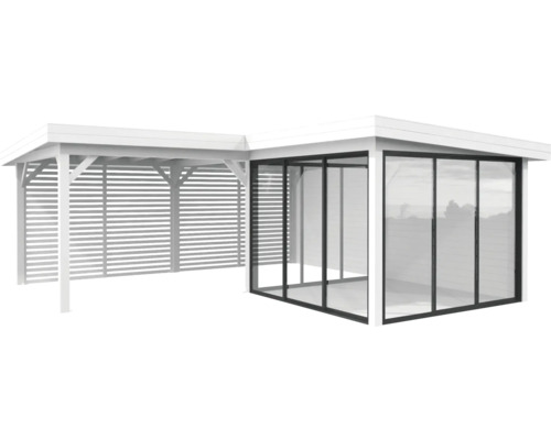 Holzpavillon mit Glasfront und Lamellenwand