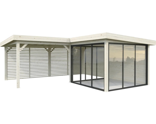 Pavillon en bois avec façade en verre et écran d''intimité latéral