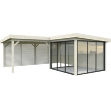 Abri de jardin en bois avec façade en verre et extension latérale à lamelles de bois