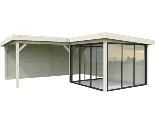 Abri de jardin en bois avec portes coulissantes en verre et zone couverte