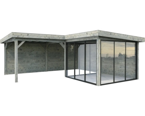 Pavillon Palmako Lenna Slide 24,9 m² Set 412 588 x 588 cm imprégné par immersion gris Pavillon en bois avec façade en verre pour le jardin
